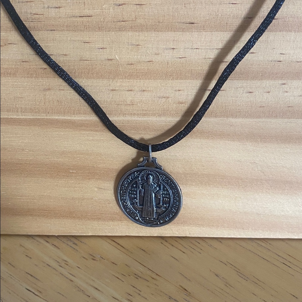 Vintage Saint Benedict Crucifix, Medal Necklace, Sterling Silver Jesus on back